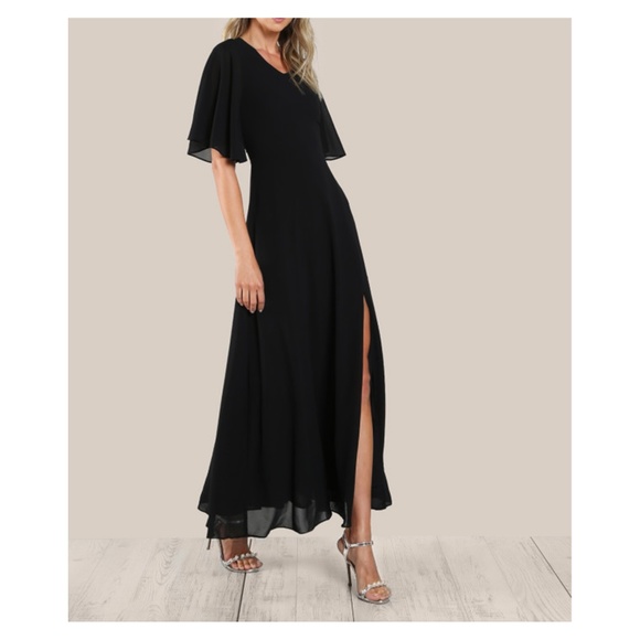 Black Flutter Sleeve Lace Up Open Back Maxi Dress - Picture 2 of 5